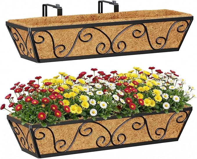 Y&M 24 Inch Window Deck with Coco Liner, Fence Metal Hanging Flower Planter Window Basket Deck Railing Planter Boxes for Outdoor Garden Lawn-Butterfly, 2pcs