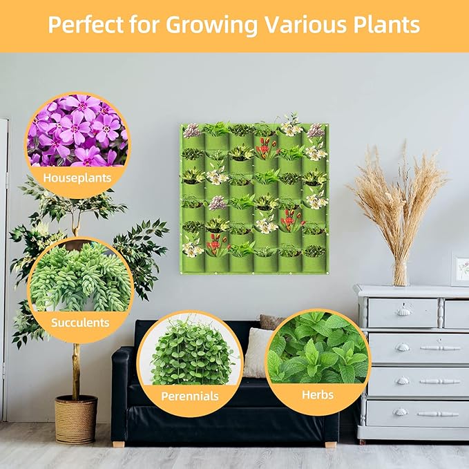 Hanging Planting Grow Bags, 36 Pockets Hanging Vertical Wall Planter Wall Mounted Grow Bag Outdoor Indoor Gardening Vertical Greening Flower Container, Planting Bags Storage Bags(1.0 m × 1.0 m, Green)
