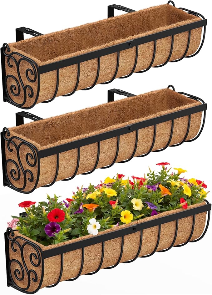 Railing Planter Boxes, 24 Inch Window Boxes Planters, Balcony Planters with Adjustable Brackets & Coco Liner & Support Rod for Outdoor Fence, Deck, Porch, and Patio Gardening, 3 Pack