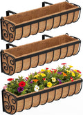 Railing Planter Boxes, 24 Inch Window Boxes Planters, Balcony Planters with Adjustable Brackets & Coco Liner & Support Rod for Outdoor Fence, Deck, Porch, and Patio Gardening, 3 Pack