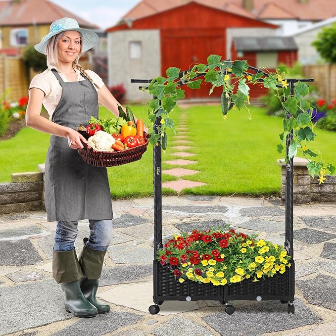 Planter Box with Trellis Outdoor, 57in Plastic Raised Garden Bed with Trellis Hanging Roof for Vine Flower, with Lockable Wheels & Drain Plug for Patio Backyard Balcony, Black, 1 Pc