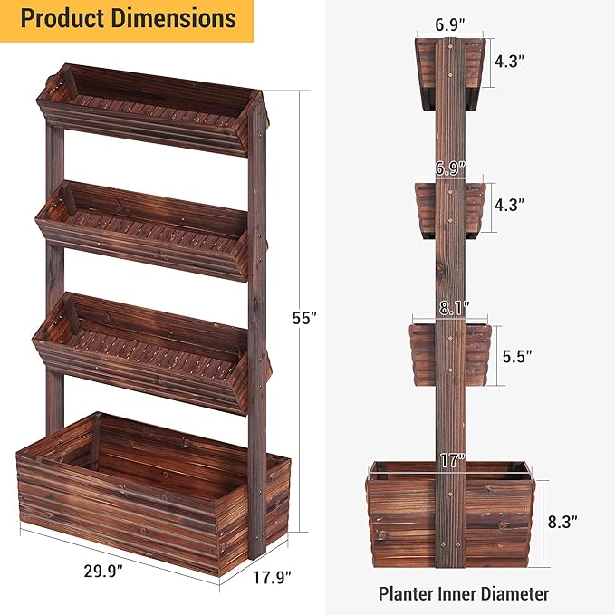 Vertical Wooden Raised Garden Bed Planters Wood Planter Kit Plant Stand Flower Rack Planter Box Gardening Plants Herbs Flowers Vegetables Outdoor Indoor Freestanding (Carbonized 4-Tier)