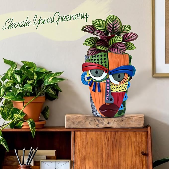 Abstract Face Planter Pots for Plants,Hand-Painted Colorful Flower Pots with Drainage, Indoor Outdoor Garden Decor Gift(Modern,Large)