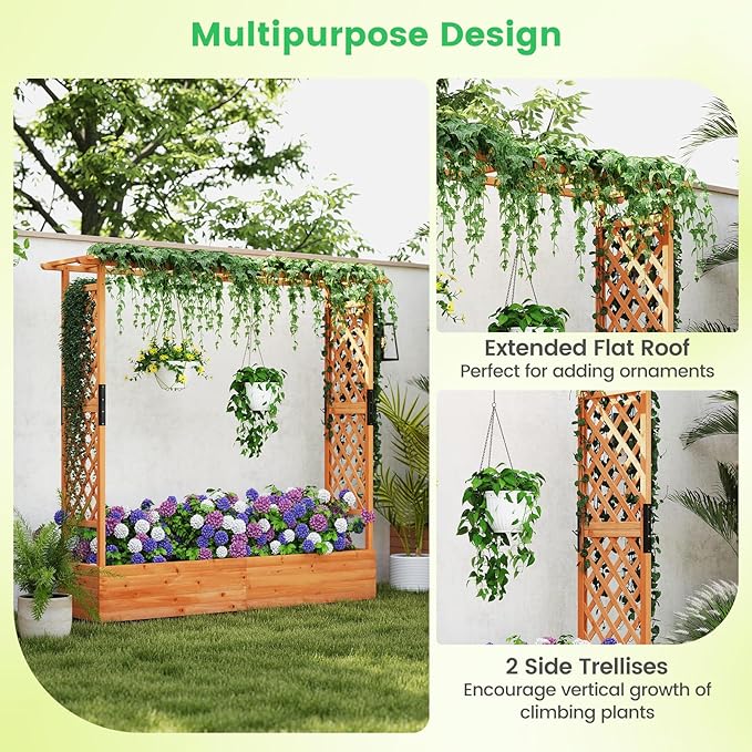 Giantex Raised Garden Bed with Trellis & Hanging Roof, Wood Planter Box with Bottom and Drainage Holes, Freestanding Garden Planter for Flower Vegetable Fruit Herb Climbing Vines, 77"x17"x72"
