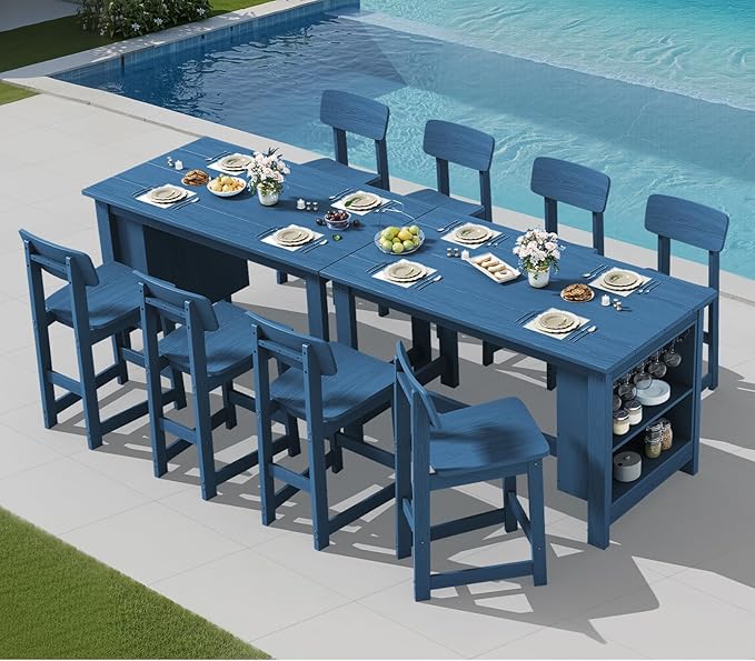 SERWALL 10-Piece HDPE Counter Height Dining Table Sets with Storage and Wine Rack, 2 Rectangular Bar Table with Bar Stools Set of 8 for Garden, Backyard, Kitchen, Blue