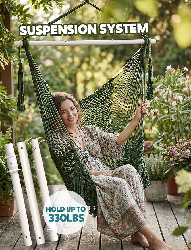 Chihee Hammock Chair Super Large Hanging Chairs Soft-Spun Cotton Rope Woven Chair, Collapsible Strong Metal Spreader Bar Wide Seat Lace Stretch Swing Chairs Indoor Outdoor Garden Yard Theme Decoration