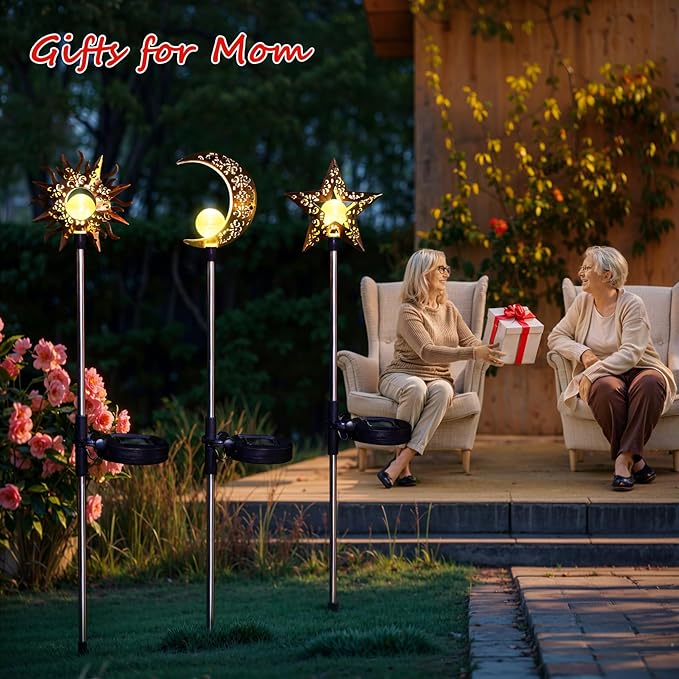Solar Garden Stake Lights, Moon Sun Star Yard Decorations Outdoor 3 Pack Solar Garden Decor for Lawn, Pathway, Flower Bed, Memorial Garden, Patio Outdoor Gifts for Mom, Loved Ones