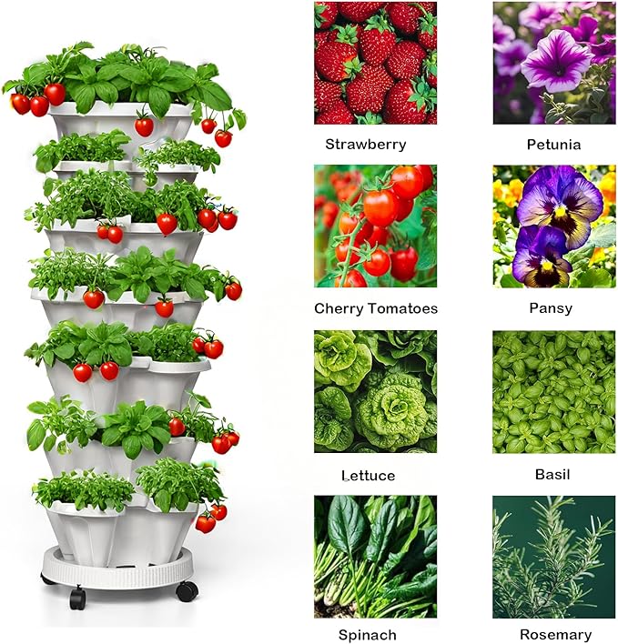 Strawberry Planters, 3 Tiered Vertical Stackable Planter, Herb Stacking Tower Garden, Flower Vegetable Planters with Support Pole, Indoor & Outdoor with Removable Wheels - Dark Grey