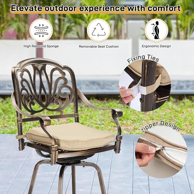 VINGLI Outdoor Swivel Bar Stools Set of 2, Cast Aluminum Patio Bar Height Chairs, All-Weather Bar Dining Chairs Outdoor Swivel Patio Furniture (Elizabethan Back)