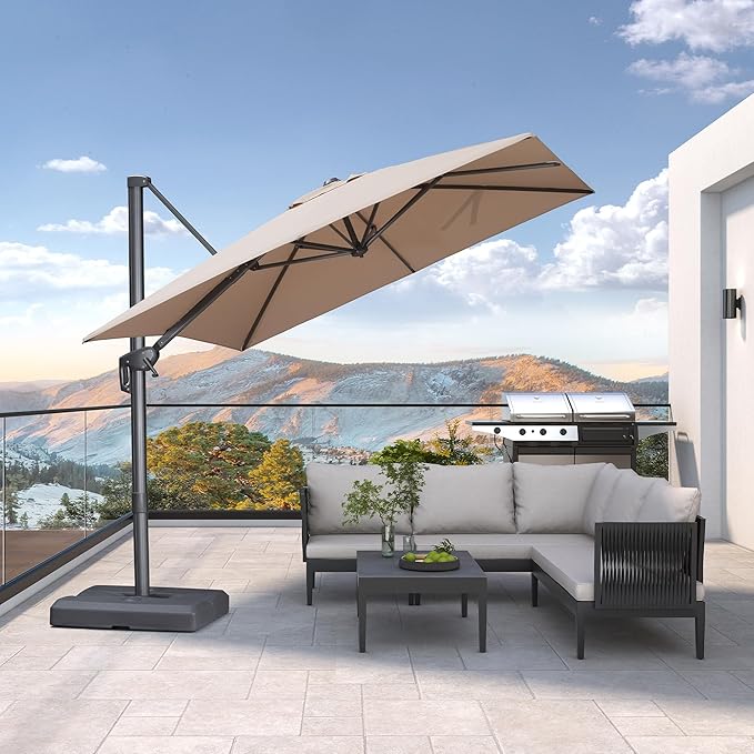 PURPLE LEAF Patio Umbrella 8' X 8' Rectangle Cantilever Umbrella Large Aluminum Outdoor Umbrellas with 360-degree Rotation & UPF40+ Premium Fabric for Deck Pool Garden Yard, Sand Dune