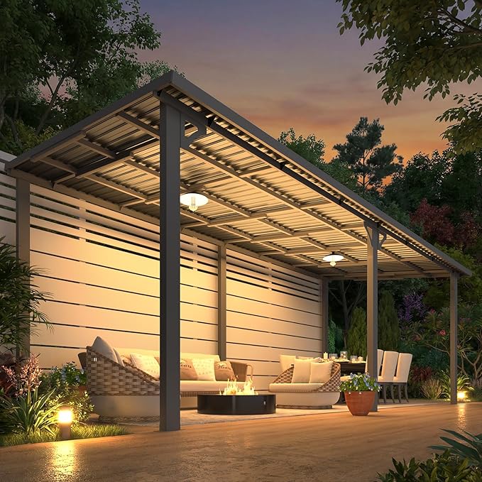 AECOJOY 8' x 20' Outdoor Hardtop Metal Gazebo for Patio, Large Lean to 20x8 Galvanized Steel Wall Mounted Pergolas and Grill Gazebos Clearance, Patio Roof Heavy Duty Metal Awnings for Backyard, Decks
