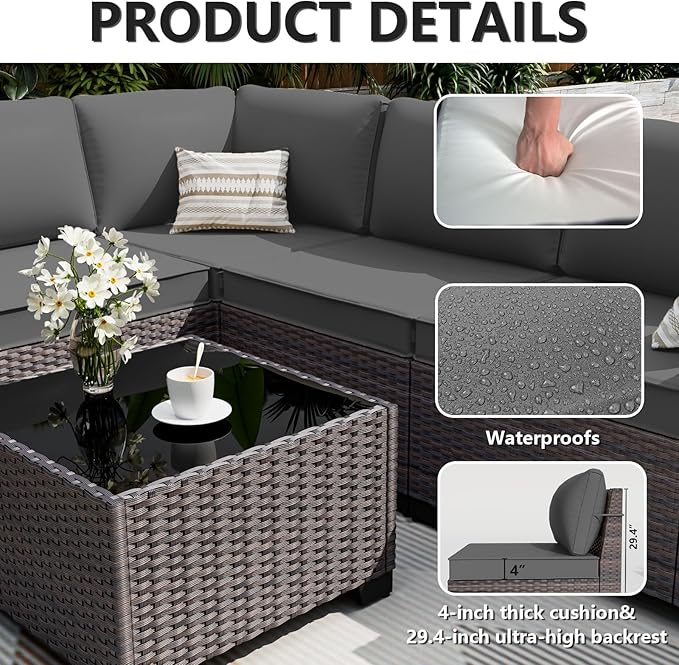 ALAULM 12 Pieces Outdoor Patio Furniture Set Sectional Sofa Sets Brown PE Rattan Patio Conversation Set w/10 Grey Seat Cushions and 2 Coffee Tables