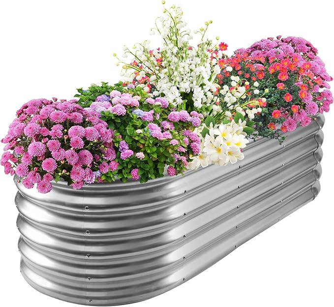17" Tall Elevated Oval Metal Raised Garden Bed - 5ft x 2ft in Size and 0.8MM Thick Durable Planter Bed/Box for Vegetables Flowers Succulent at Patio/Garden Outdoor (Silver, 5X2X1.4 FT)