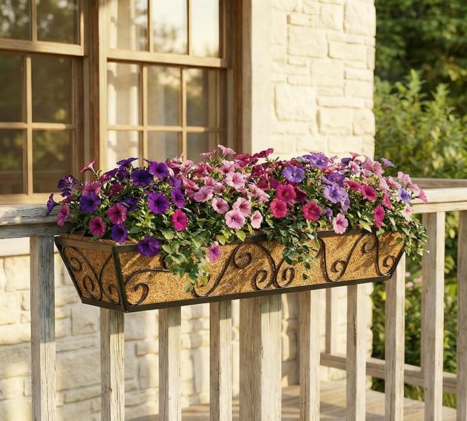 Y&M 30 Inch Window Deck with Coco Liner, Fence Metal Hanging Flower Planter Window Basket Deck Railing Planter Boxes for Outdoor Garden Lawn-Butterfly, 4pcs
