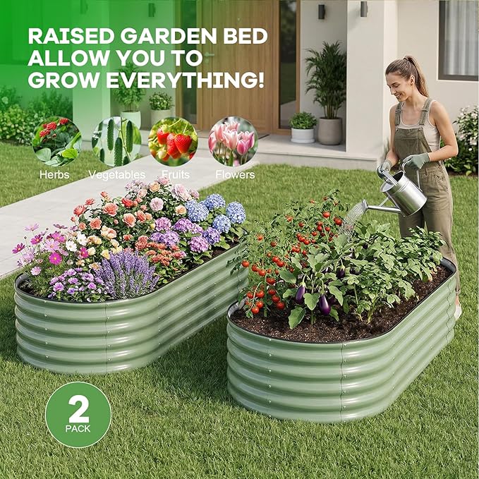 Galvanized Raised Garden Bed Outdoor, 6x3x1.4ft Oval Metal Raised Beds for Gardening, Rust-Resistant Garden Planter Box for Planting Vegetables, Flowers, Fruits in Lawn(Olive Green, 2 Packs)