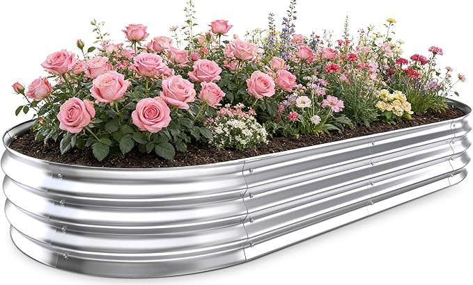 Galvanized Raised Garden Bed Outdoor, 8x4x1ft Metal Heavy Duty Planter Boxes for Gardening, Easy Assemble Large Oval Plant Container Kit for Vegetables, Flowers, Fruits, Silver, 1 Pack