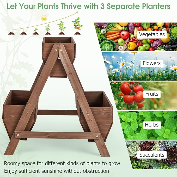 Giantex Vertical Raised Garden Bed, 3 Wood Planter Boxes for Flower Vegetable Fruit Herb, Freestanding Garden Planter with Drain Holes, Elevated Raised Beds for Indoor Outdoor Lawn Patio Yard, Brown