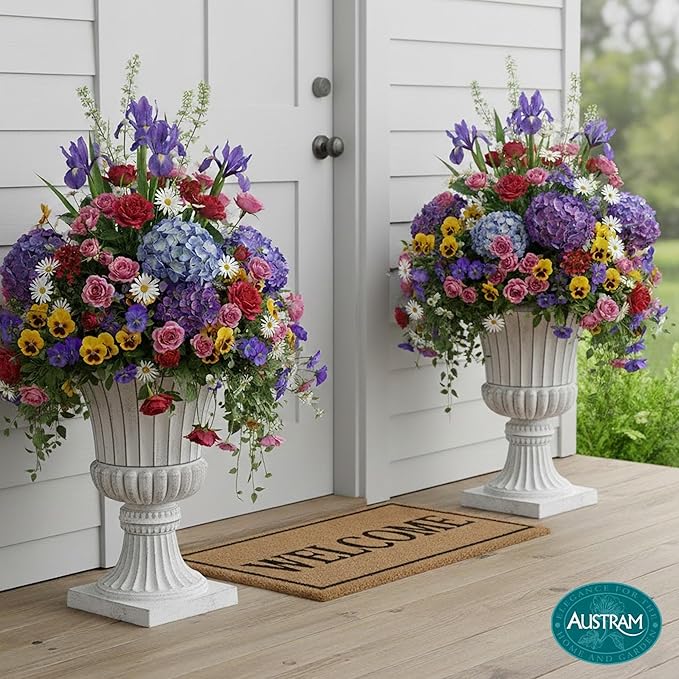 Urn Planters 22", Set of 2, Tall Stone-Resin Pedestal Planters for Outdoor Plants, Large Front Porch Decor, Patio Garden Pots, Outdoor Urns for Entryway, Porch & Deck, White Plant Pot
