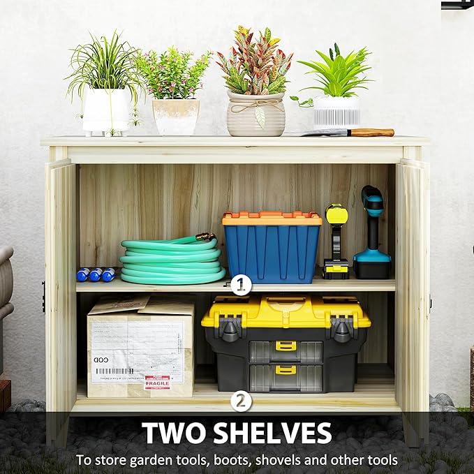 Outsunny Wood Garden Shed, Compact Outdoor Storage Cabinet Potting Shed with Inner Shelf and Double Doors for Backyard, Patio, Lawn, Natural Wood