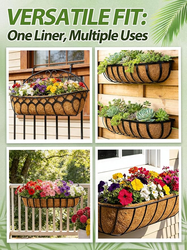 36in Arched Coco Liners for Window Planter Box - 4 Pack 100% Natural Coconut Coir Fiber Liner Replacement for Deck Flower Box, Garden Railing Fence Trough, Wall Planter Basket