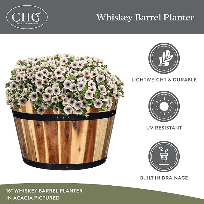 Classic Home and Garden Outdoor Whiskey Resin Flower Pot Barrel Planter, Oak Brown, 20.5" (Pack of 2)