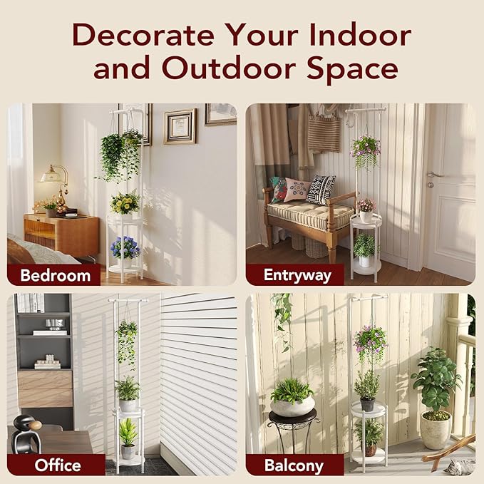 Plant Stand Indoor Outdoor - Heavy Duty Metal 2-tier Hanging Plant Holder Space-Saving Iron Plant Stands Tall Plant Shelf for Living Room Garden Balcony (White)