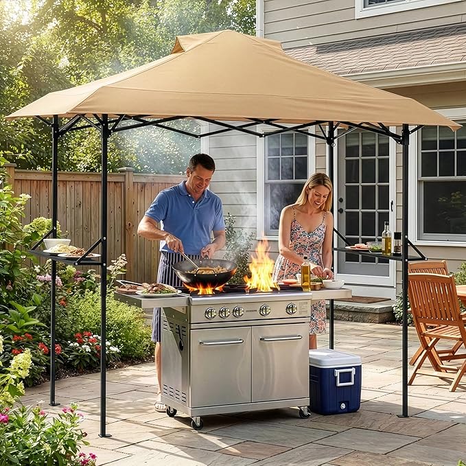 VINGLI 8x5 Pop Up Grill Gazebo BBQ Gazebo with 2 Side Shelves, Outdoor Grill Canopy BBQ Canopy Adjustable Height, Grilling Pergola for Patio Garden