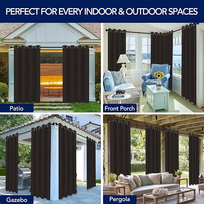 PureFit Outdoor Curtains for Patio Waterproof Weatherproof, UV Resistant Outside Curtains for Gazebo, Front Porch, Pergola, Sun Blocking Privacy Curtain, 52W x 95L inch, 1 Panel, Chocolate