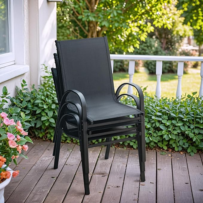 Flamaker Patio Chairs Stackable Dining Chairs Set of 4 Metal and Teslin Outdoor Chairs for Lawn Deck Porch Balcony (Black)