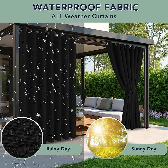 Black Outdoor Curtains for Patio Waterproof - 6 Panels Privacy Weatherproof Outside Curtains with Grommets for Pergola, Gazebo, Porch, Cabana, Balcony, 54 x 84 Inch