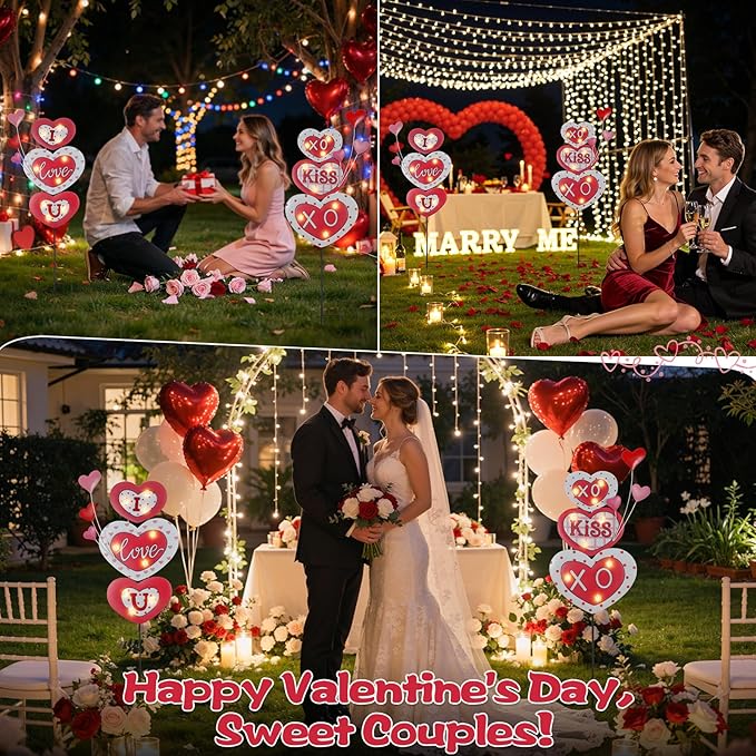 Lewondr 2 Pcs Valentine's Day Decorations Outdoor, Metal Solar Pathway Lights, Love Heart Decorative Garden Stakes Lights with 18 LED Beads, Waterproof Yard Signs for Porch Lawn Wedding Anniversary