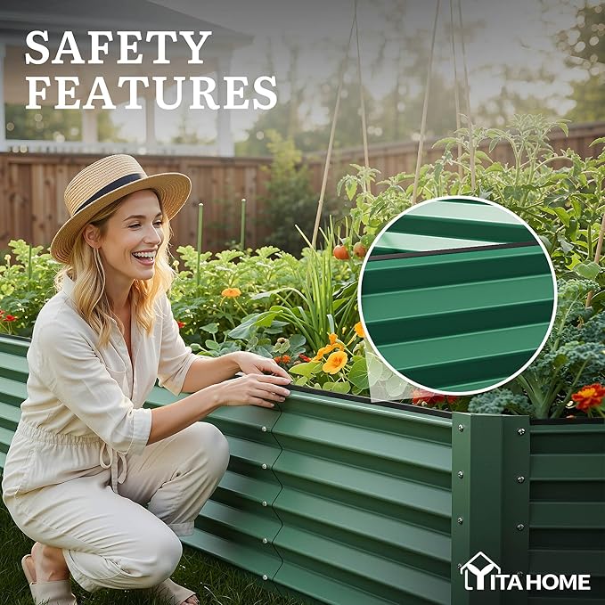 YITAHOME 8x4x1.5ft Large Raised Garden Bed Kit, Galvanized Metal Planter Box with Gloves, Ground Nails & Safety Rubber, Outdoor Above Ground Planters for Plants Vegetables Flowers, Green