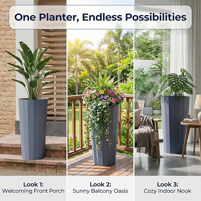 23.6" H Tall Planters for Outdoor Plants, 2 Pack Large Outdoor Planters for Porch Decor with Automatic Drainage Hole, Plastic Stripe Design Flower Pots Fits Indoor Plants Patio Garden, Black