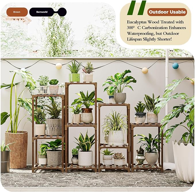 Bamworld Plant Stands Indoor 4 Sets Plant Shelves Outdoor Wooden Plant Holder for Multiple Plants Flower Stands Window
