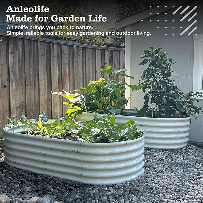 A ANLEOLIFE 8X4X1.5 ft Galvanized Raised Garden Beds Outdoor, Oval Large Metal Planter Box for Planting Vegetables Flowers Herb, Anti-Rust & Easy-Setup, Antique White