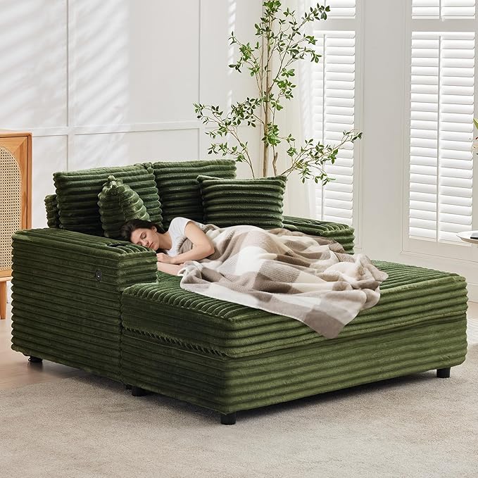 GarveeHome Oversized Chaise Lounge Chair Indoor, 56x60 in Comfortable Corduroy Lounge Sofa with Charging Ports & Cup Holders, Cozy Reading Couch for Bedroom Living Room Apartment, Green