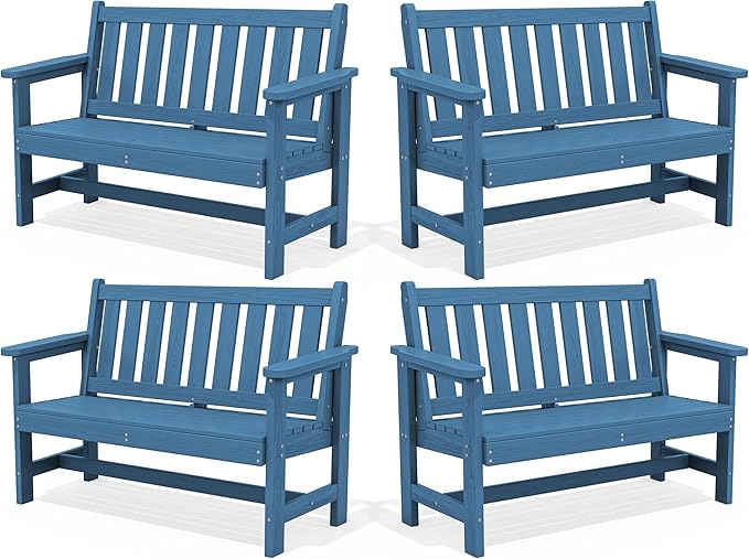 SERWALL Outdoor Bench, HDPE Outdoor Benches Weatherproof, 2-Person Garden Bench with 660 lbs Weight Capacity, Patio Benches for Outdoors, Garden, Porch, Backyard and Park, Navy, 4 Pack