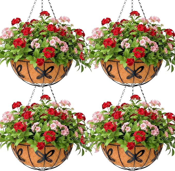 Metal 10 inch Round Planter, 4 Pack Hanging Wire Basket with Coco Fiber Liners for Outdoor Plants, Garden, Patio, Deck, Porch