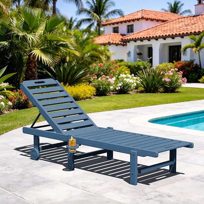 SERWALL Outdoor Chaise Lounge, Patio Chaise Lounge Chair with 5 Positions Adjustable Backrest, HDPE Lounger with Rolling Wheels & Cup Holder for Pool, Navy