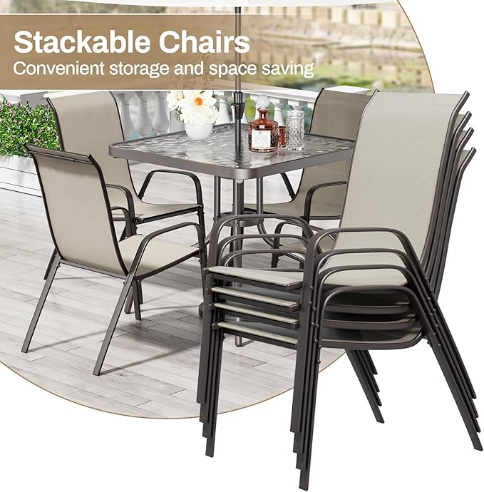 TLSUNNY Patio Dining Set 5 Pieces, All Weather Outdoor Furniture W/30"X 30" Table and 4 Stackable Textilene Chairs, Metal Table and Chairs for Patio, Lawn, Garden, Poolside, Backyard (Beige)