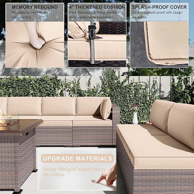 Kullavik 13 Pieces Outdoor Patio Furniture Set with 43" 55000BTU Gas Propane Fire Pit Table PE Wicker Rattan Sectional Sofa Patio Conversation Sets,Khaki
