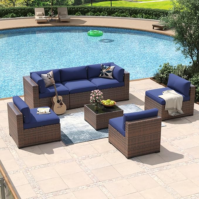 Aoxun 7 Piece Patio Furniture Set Wicker Rattan Patio Conversation Set Outdoor Sectional Sofa Set with Coffee Table and Thickened Cushions, Blue(Waterproof Cover Included)