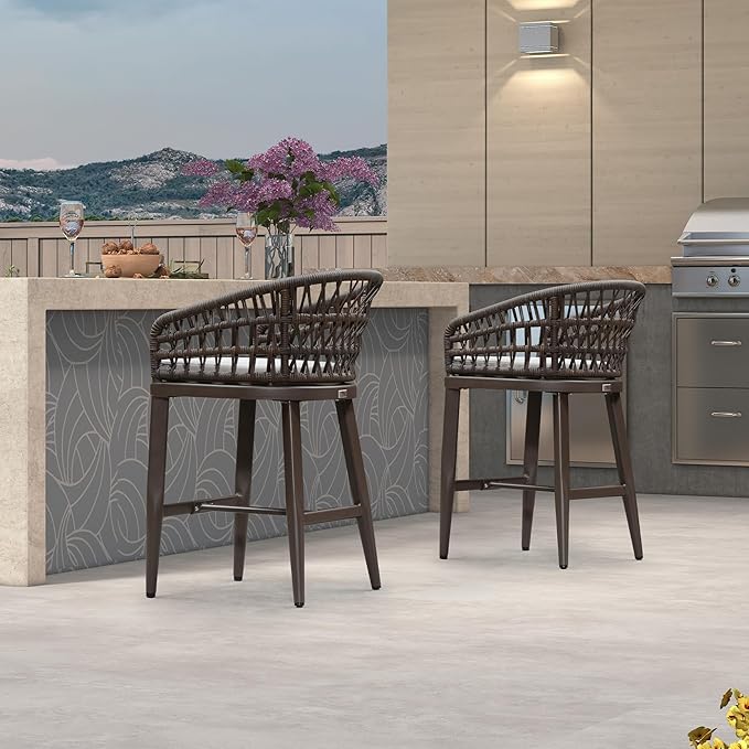 PURPLE LEAF Outdoor Rattan 24" Counter Height Bar Stools Chair Set of 2, Modern Patio Wicker Barstool with Backrest for Indoor and Outdoor, Kitchen Island, Coffee