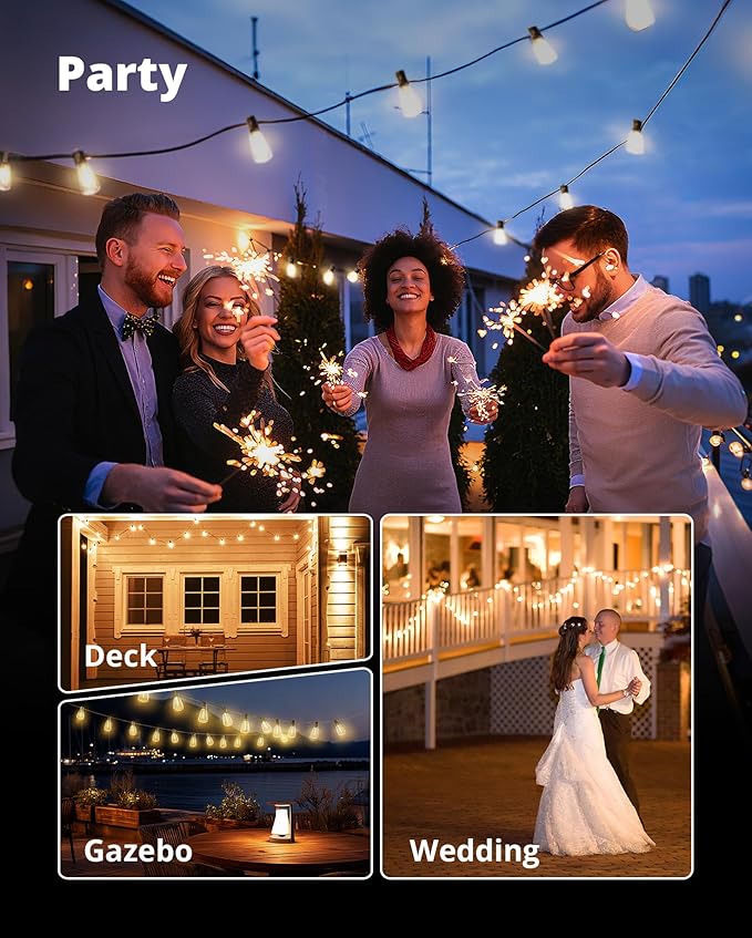 VIPAR Outdoor String Lights 25FT LED Patio Lights IPX5 Waterproof with 10+1 ST38 Shatterproof Edison Bulbs, 2700K Connectable Outside Hanging Light for Porch, Garden, Backyard, Deck, Balcony, Decor