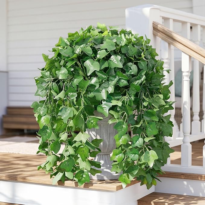 Faux Outdoor Plants Fake Hanging Plants for Outdoors Outside Decorations, 2 Pcs Green Fake Ivy Vines Realistic UV Resistant Artificial Greenery for Planters Porch Garden Yard Front Door Patio Indoor