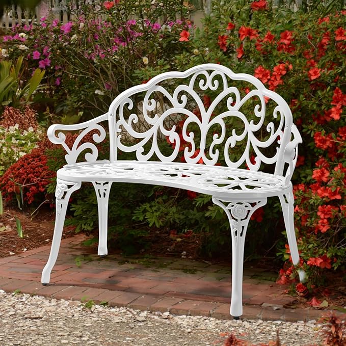 VINGLI 38.5" Patio Park Garden Outdoor Metal Rose Bench, 2-Person Cast Iron Cast Aluminium Frame Antique Finish Chair,Accented Lawn Front Porch Path Yard Decor Deck Furniture (White, Butterfly)