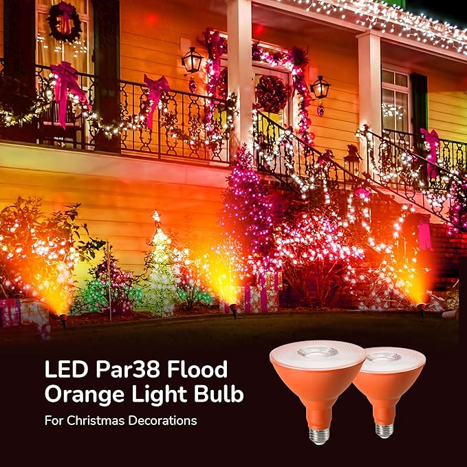 EDISHINE PAR38 Orange LED Flood Light Bulbs Outdoor, Dimmable LED Light Bulb, 18W(120W Equivalent), Outdoor Weatherproof Light Bulb, E26 Base, 2 Pack