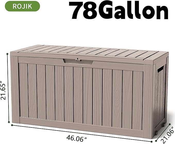 ROJIK Outdoor Storage Housing Deck Box - Waterproof Patio Furniture, Garden Tools, Cushions, Pool Accessories Storage Bench with Lockable Lid and Side Handles (Grey 78 Gal)