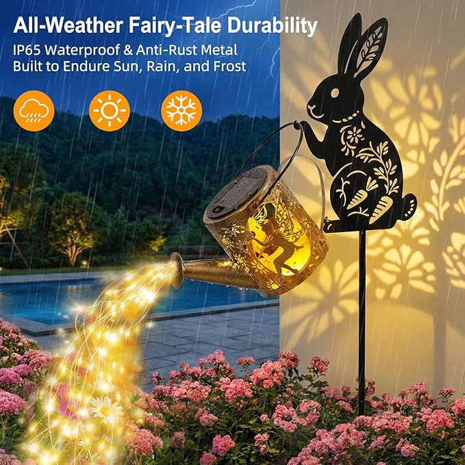 Solar Watering Can Light with Bunny Silhouette Stake & Fairy Design - Cascading LED String Light for Garden Yard Patio Decor, IP65 Waterproof Outdoor Gift for Mom, Women, Birthday, Housewarming