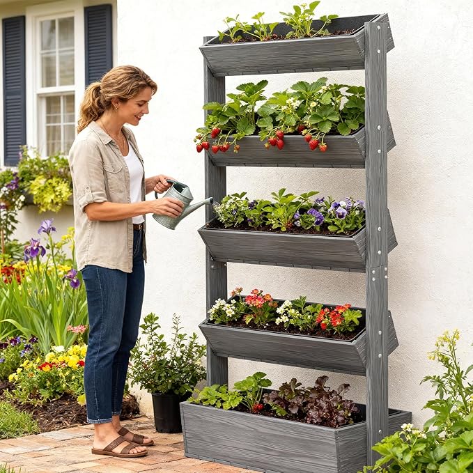 SUNYRISY 5 Tiers Vertical Raised Garden Bed Outdoor Planter Tower, Wooden Freestanding Planter Box for Planting Herbs Flowers Vegetables Patio Balcony Indoor Outdoor Gardening, Grey